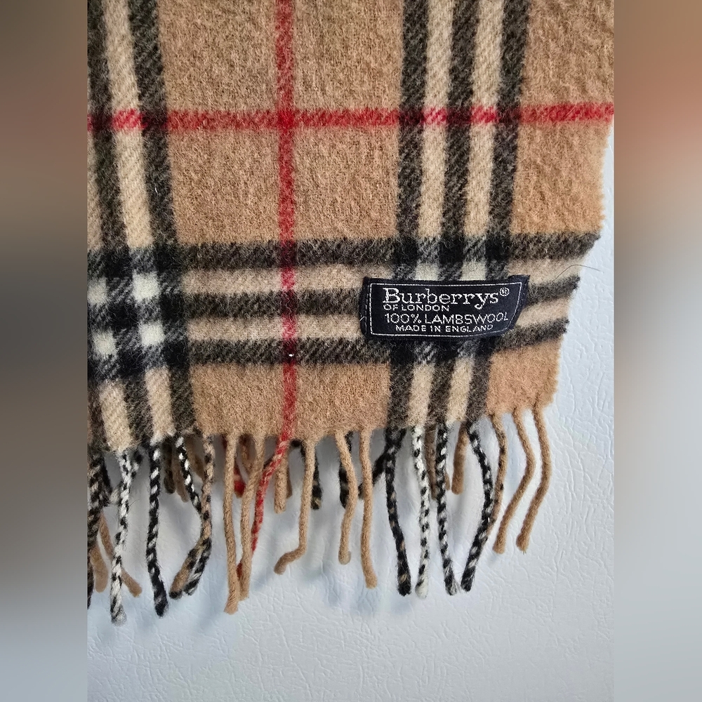 Authentic Burberry London Lambswool Plaid Beige and Red Scarf - Picture 7 of 11